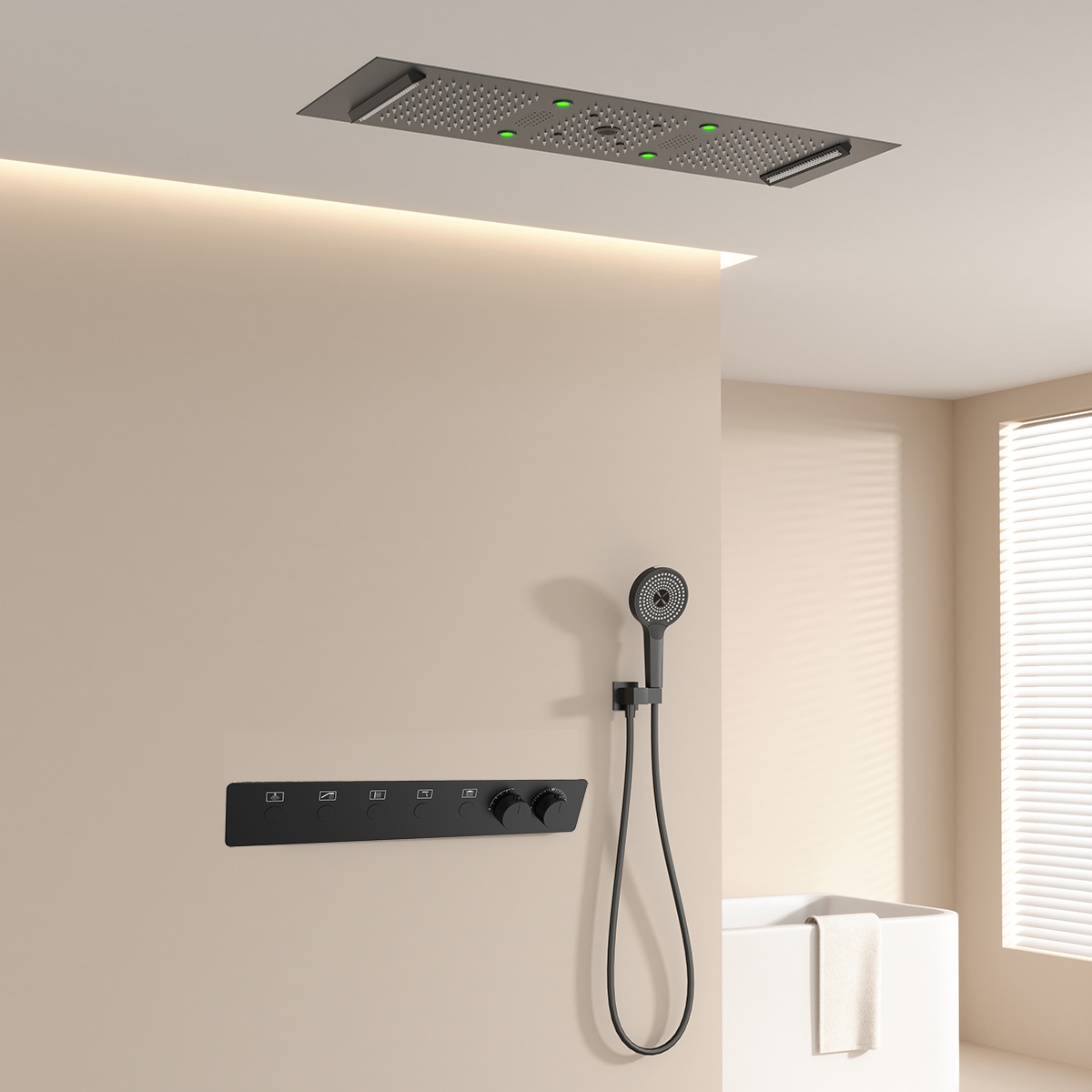 Faucet - 300×900mm 浴室天井LEDサーモスタット式スマートシャワー水栓セット（レインウォーターウォーターフォールLEDシャワーヘッドセット付き）
