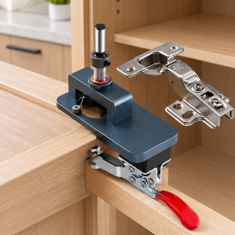 Cabinet Hinges - 35mmのキャビネット用蝶番を取り付けるための、調整可能なエッジサポート付きの精密ドリルガイドクランプ。
