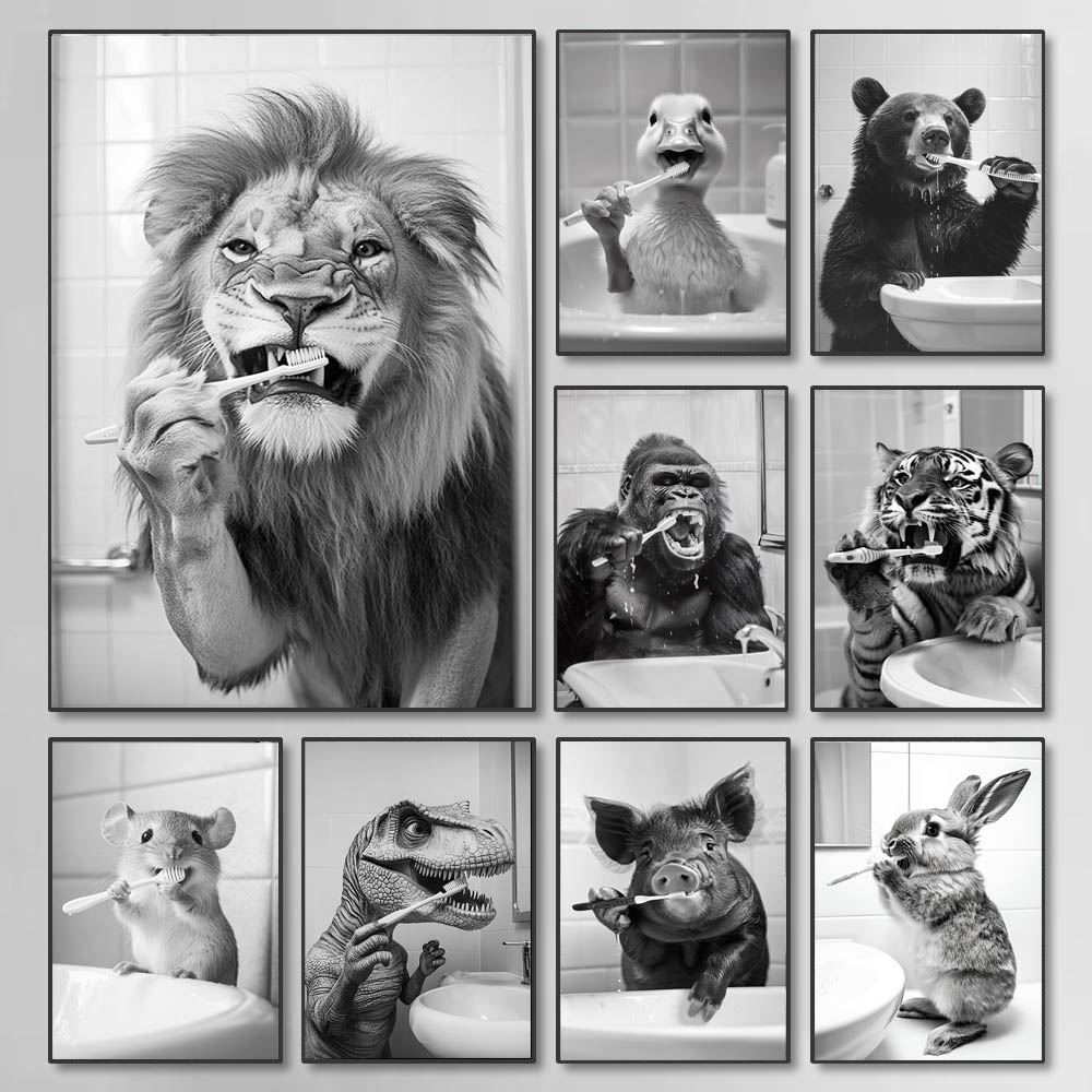 Paint Brush - 黒、白、面白いバスルーム歯磨きポスター、ヴィンテージスタイルの動物キャンバス絵画プリント、家の装飾用ウォールアート絵画