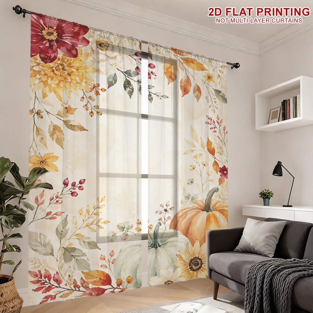 2枚組 サンクスギビング秋用シアーカーテン、花柄カボチャと秋 - Curtain Rods のレビューと価格