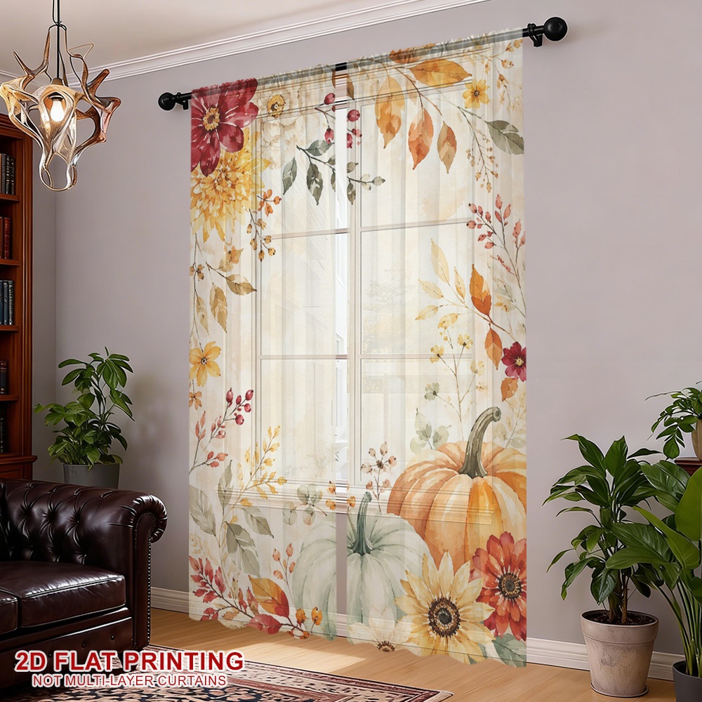 2枚組 サンクスギビング秋用シアーカーテン、花柄カボチャと秋 - Curtain Rods のレビューと価格