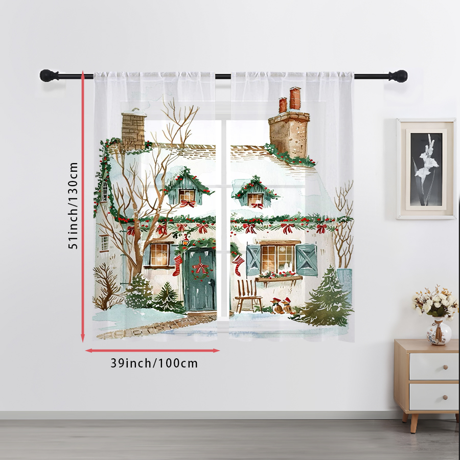 クリスマスウィンターシアーカーテン2枚組、クリスマスコテージ - Curtain Rods のレビューと価格